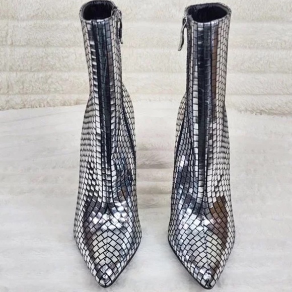Mack J Shiny Silver Tile Print 4.5" High Heel Ankle Boots - Picture 6 of 9